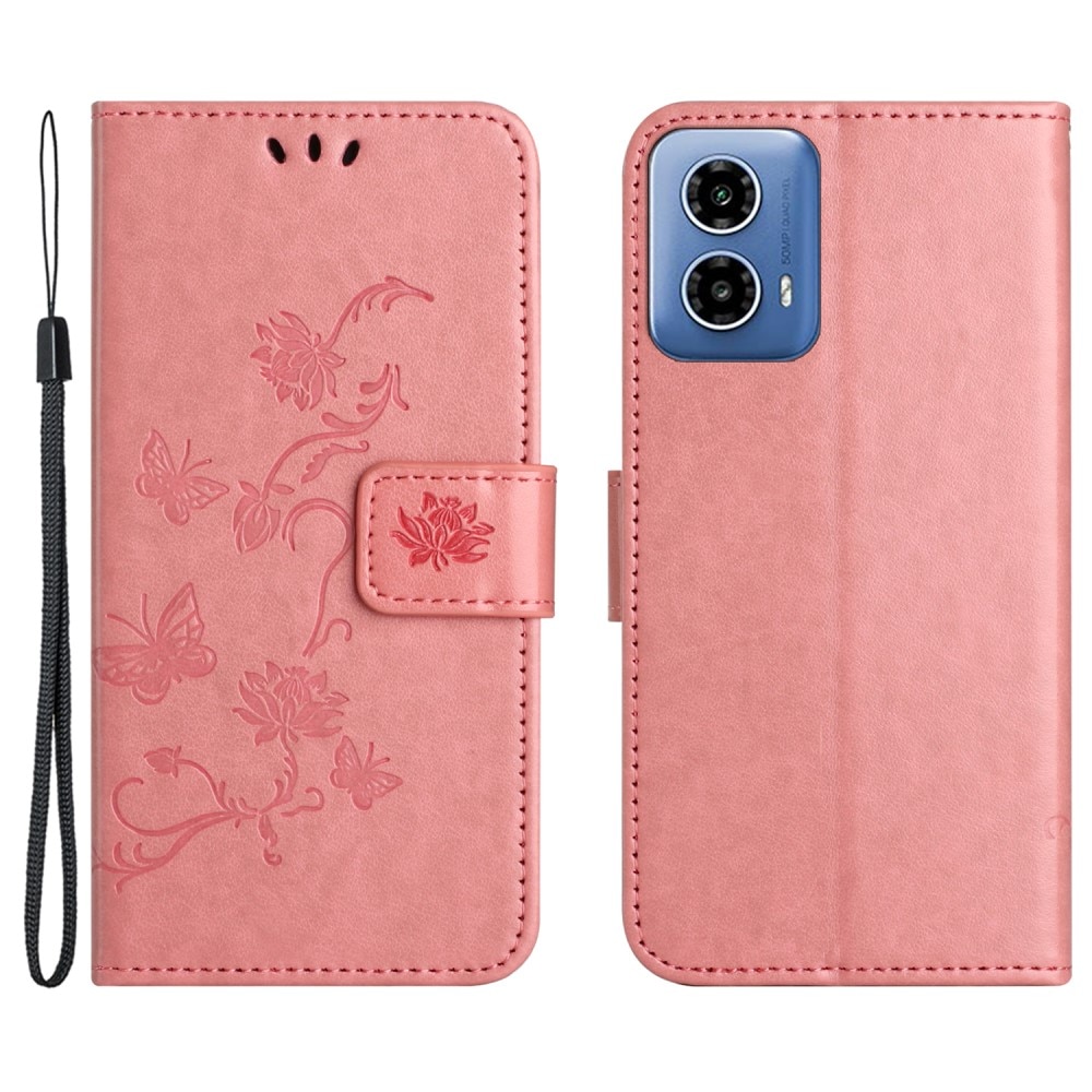 Lærveske Sommerfugler Motorola Moto E14 Rosa